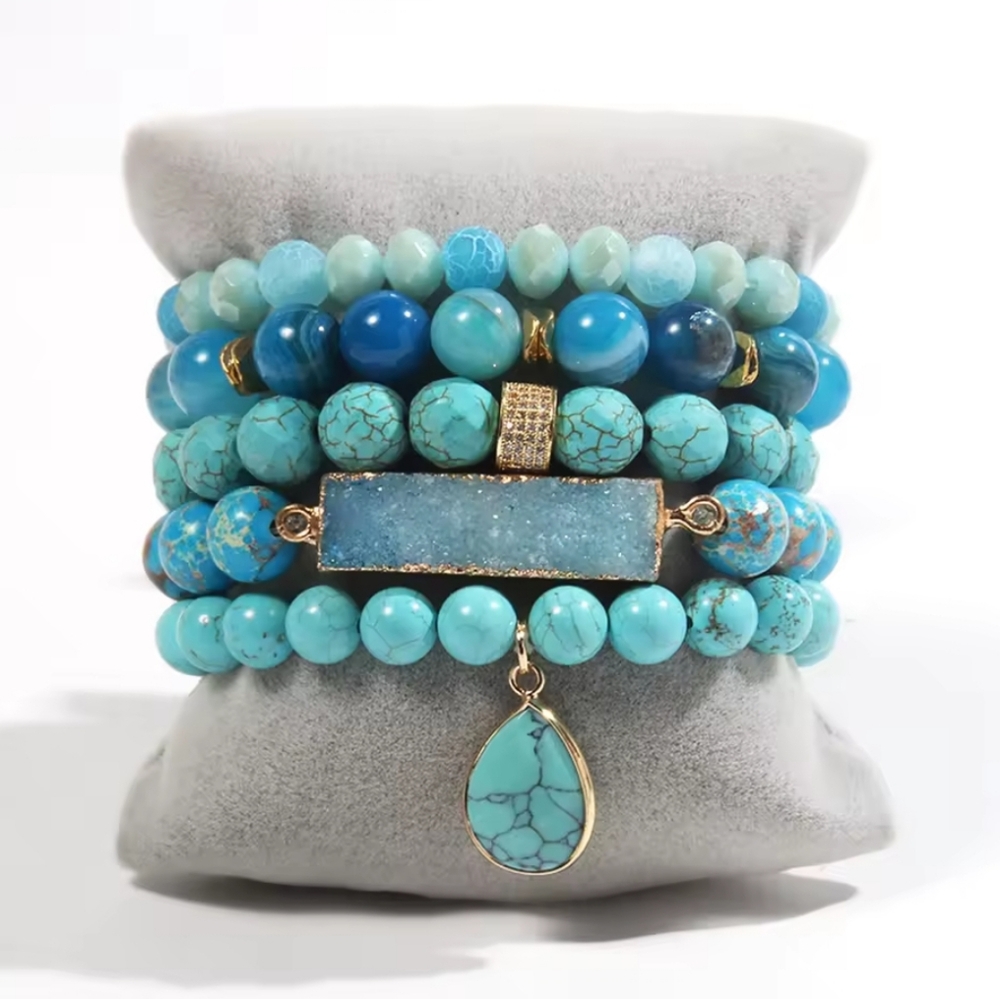 Bohemian Blue Ocean Women's bracelet 5pcs Natural Stone Glass Handmade Beaded